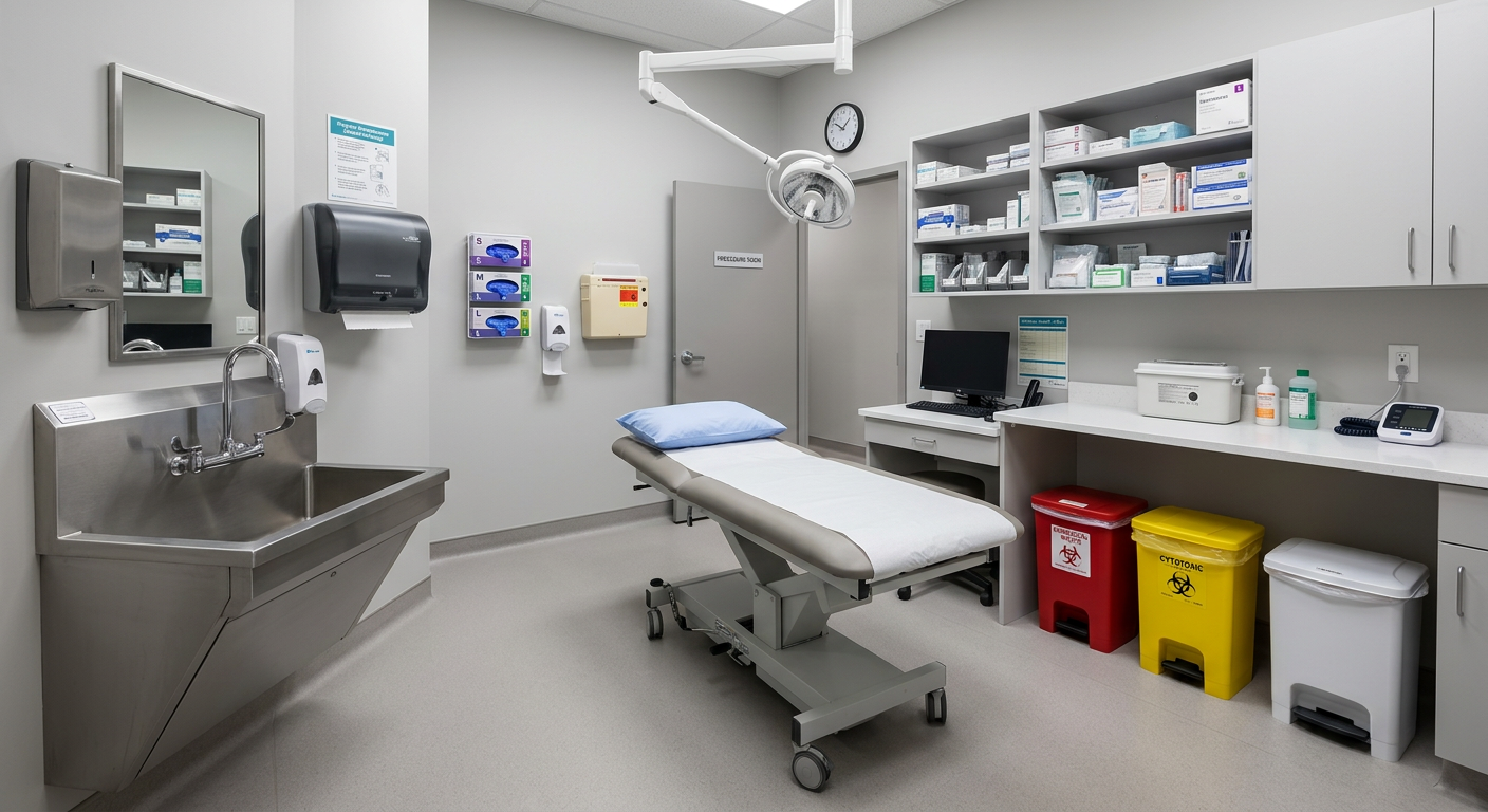 CPSO-compliant minor procedure room in Ontario GP office with scrub sink seamless flooring and solid surface countertops