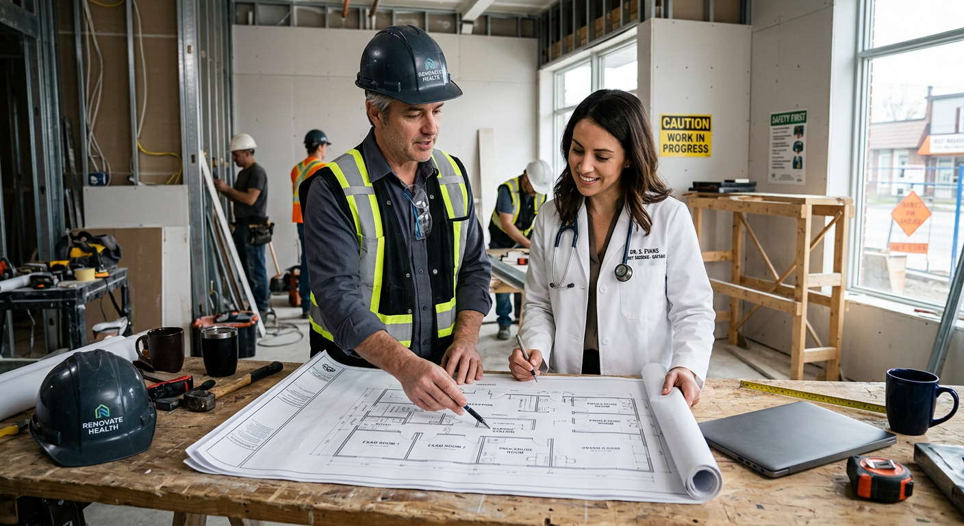 Healthcare renovation contractor reviewing GP office floor plans with physician for Ontario clinic renovation