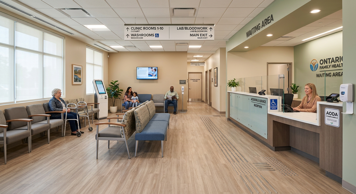 Modern AODA-accessible waiting room in Ontario family practice clinic with accessible reception counter