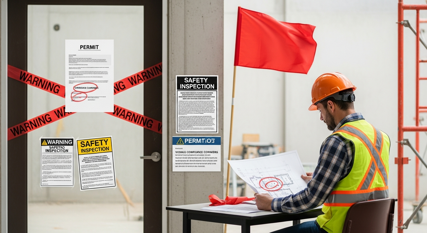 Healthcare renovation construction site showing compliance warning signs in Ontario