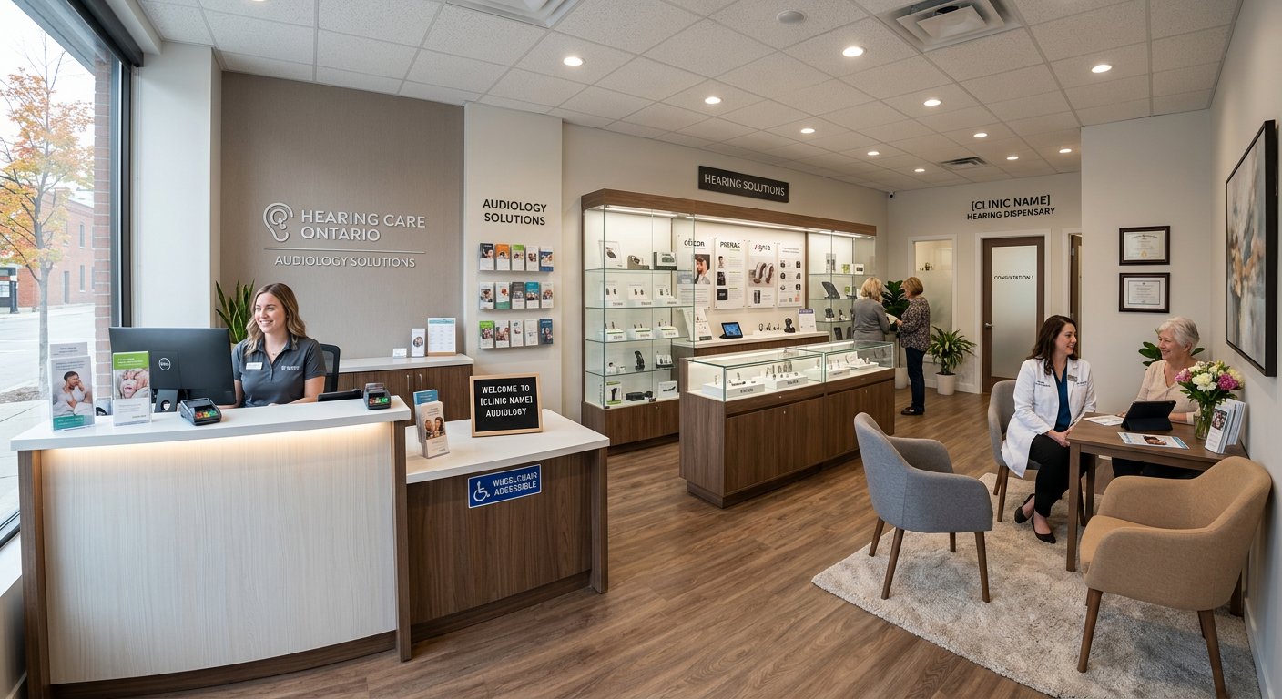 Modern hearing aid dispensary design in Ontario audiology clinic with accessible reception counter and product display