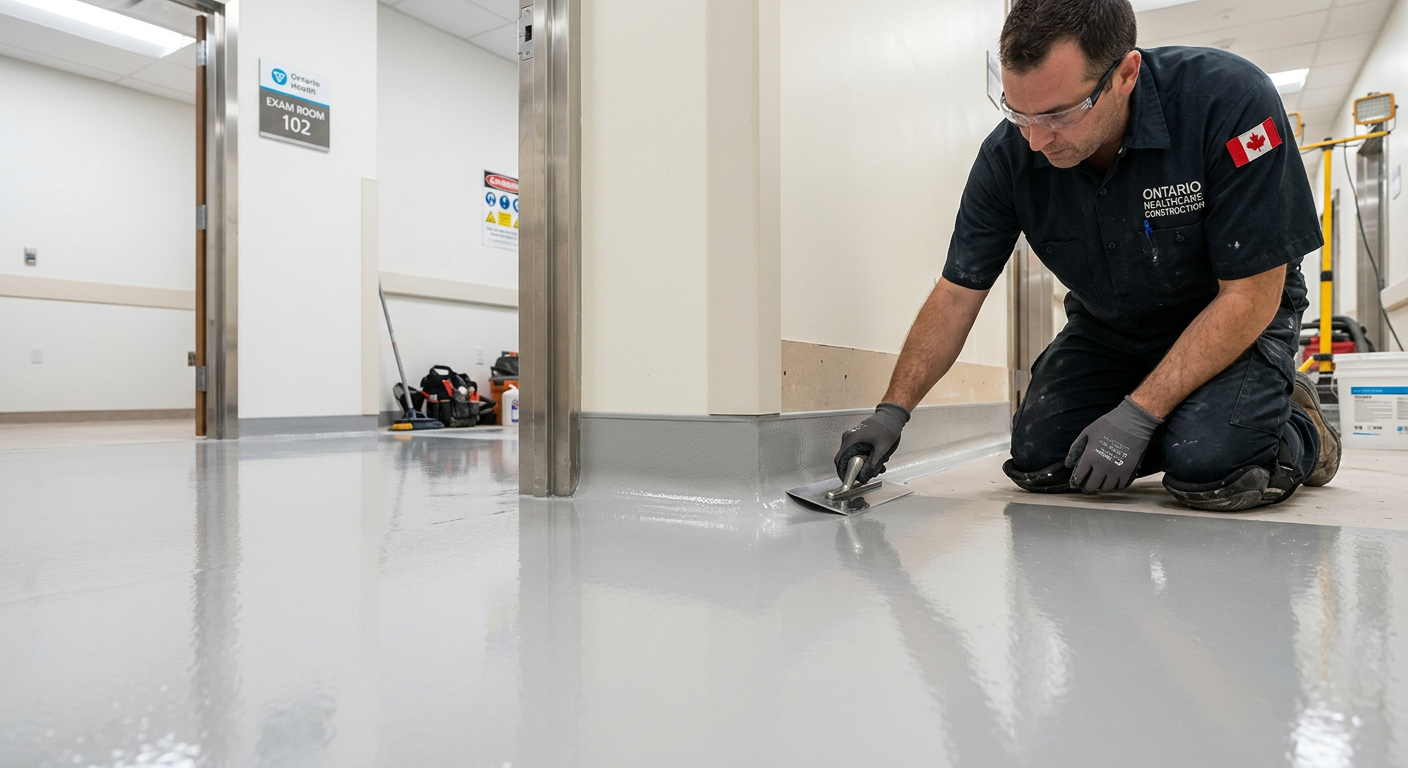 Seamless epoxy flooring with integral coved base in Ontario healthcare clinic IPAC-compliant renovation