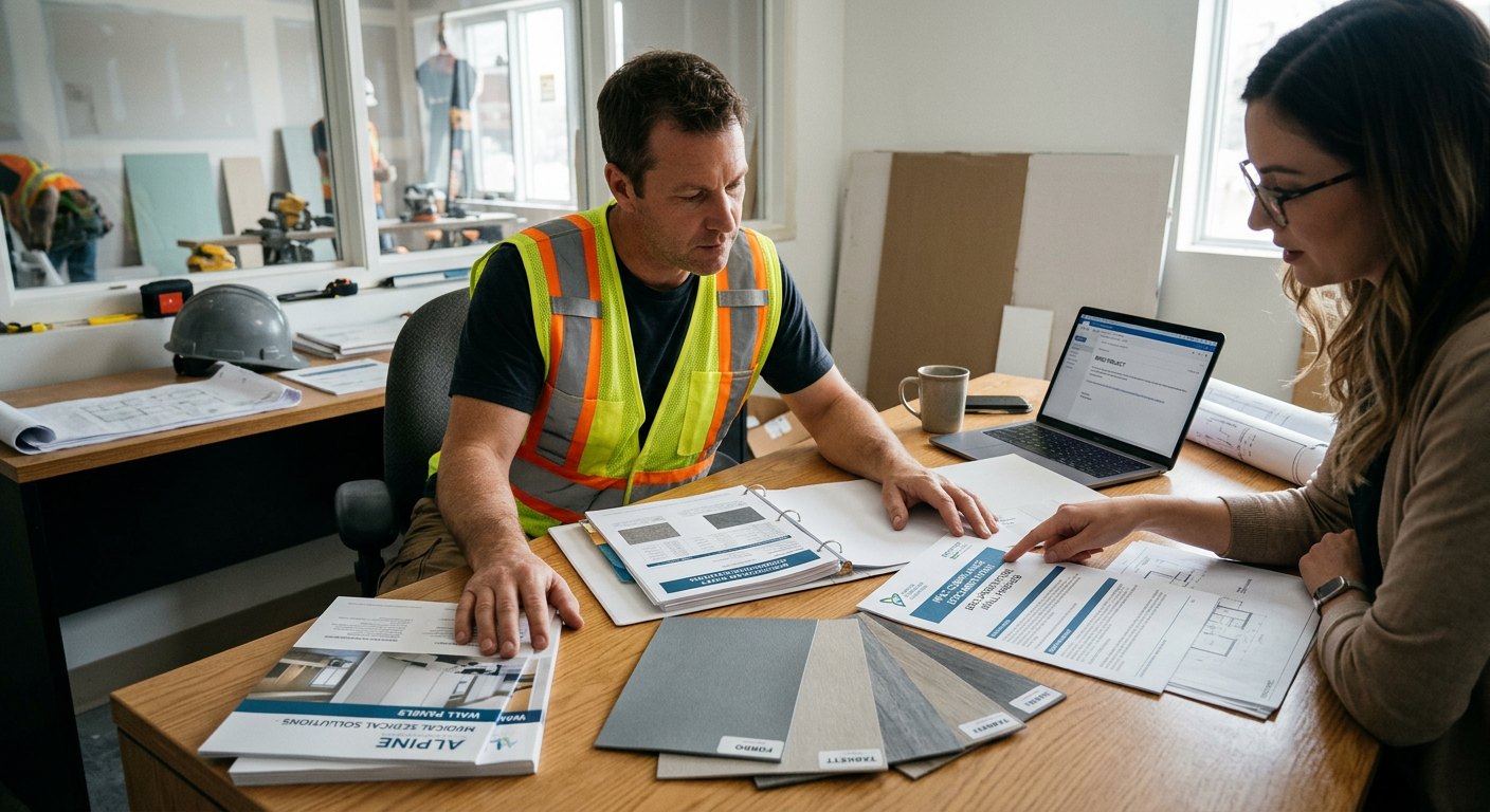 Contractor reviewing IPAC material specification sheets for Ontario healthcare clinic renovation