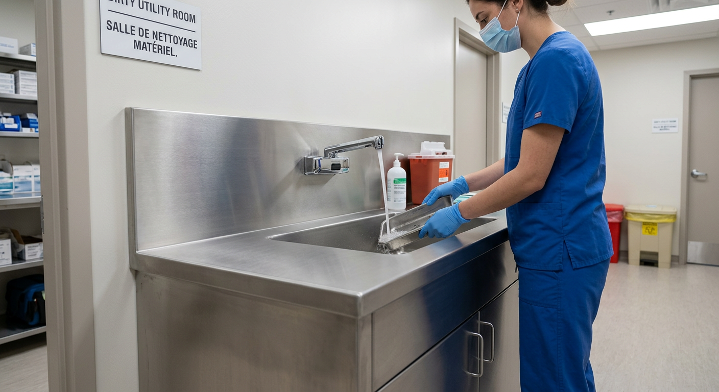 IPAC-compliant stainless steel countertop with undermount sink in Ontario medical clinic dirty utility room
