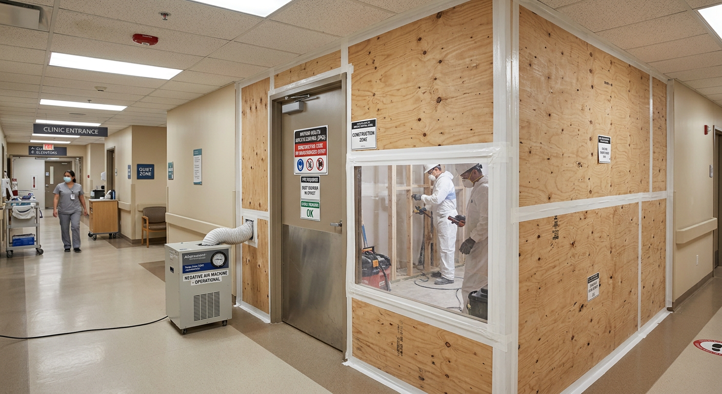 IPAC-compliant construction dust barrier with HEPA negative air machine in Ontario medical clinic hallway during phased renovation