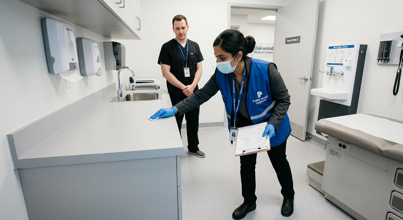 Public Health inspector reviewing IPAC compliance in renovated Ontario medical clinic