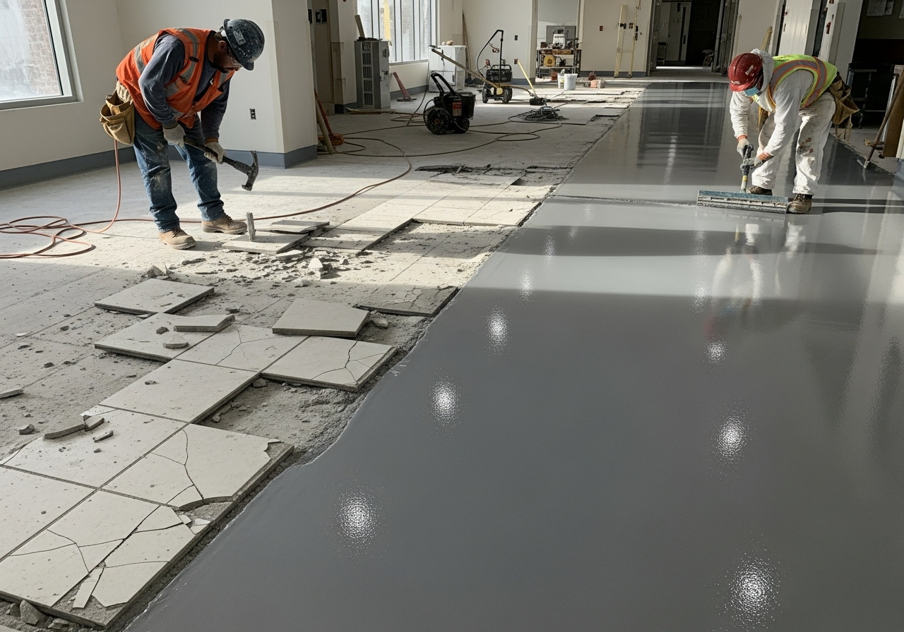 Healthcare clinic flooring replacement showing seamless epoxy installation in Ontario