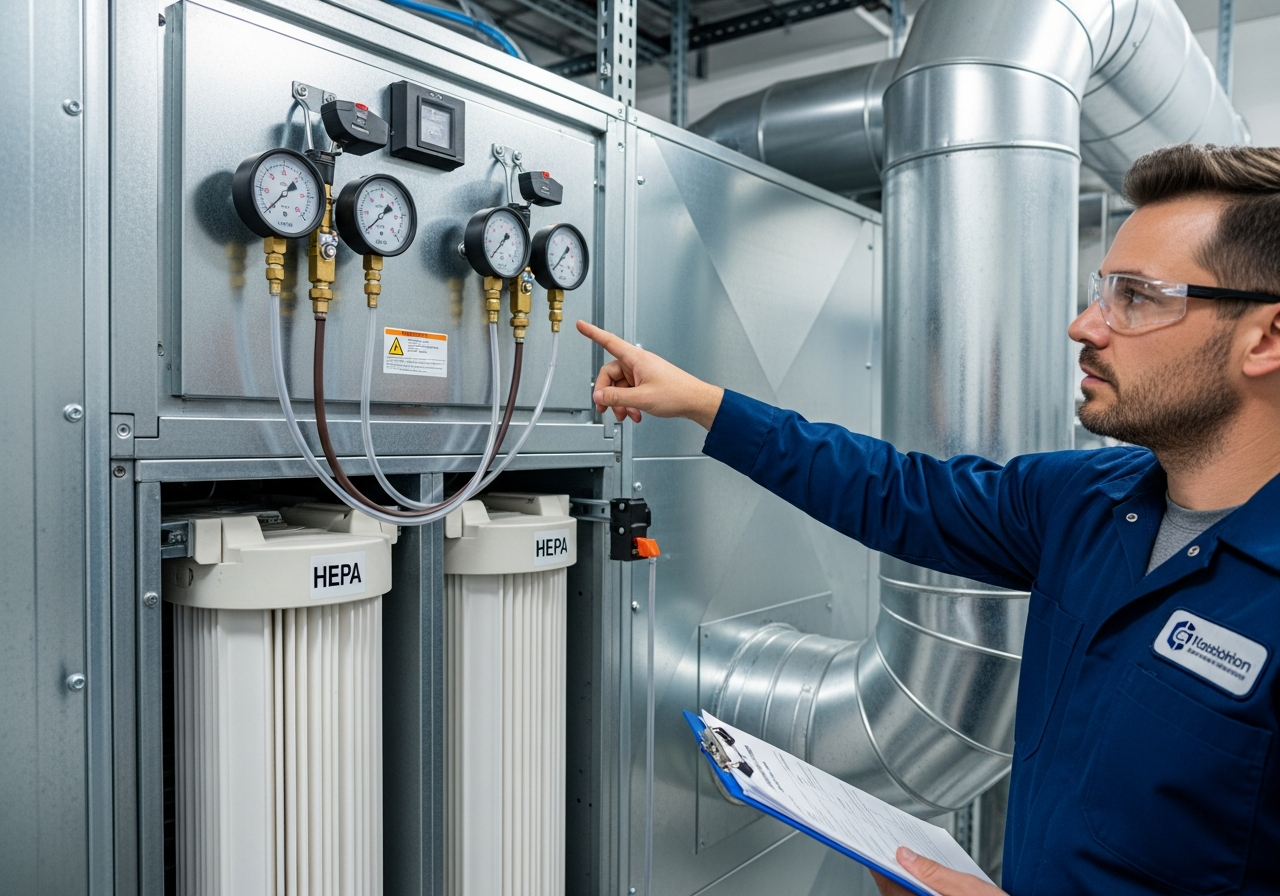 HVAC engineer inspecting medical clinic ventilation for ACH compliance in Ontario