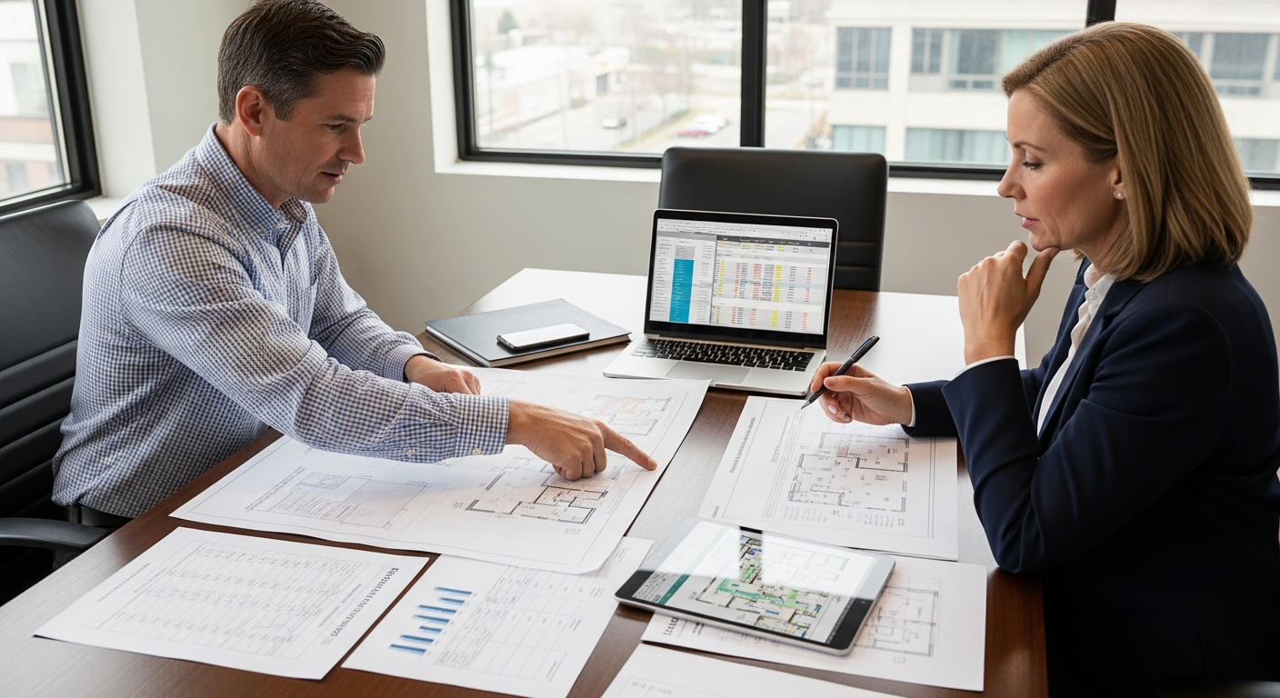 The ROI of Medical Office Renovation: What Ontario Clinics Actually Earn Back (2026) 4 Clinic owner and renovation contractor reviewing ROI projections and renovation plans in Ontario