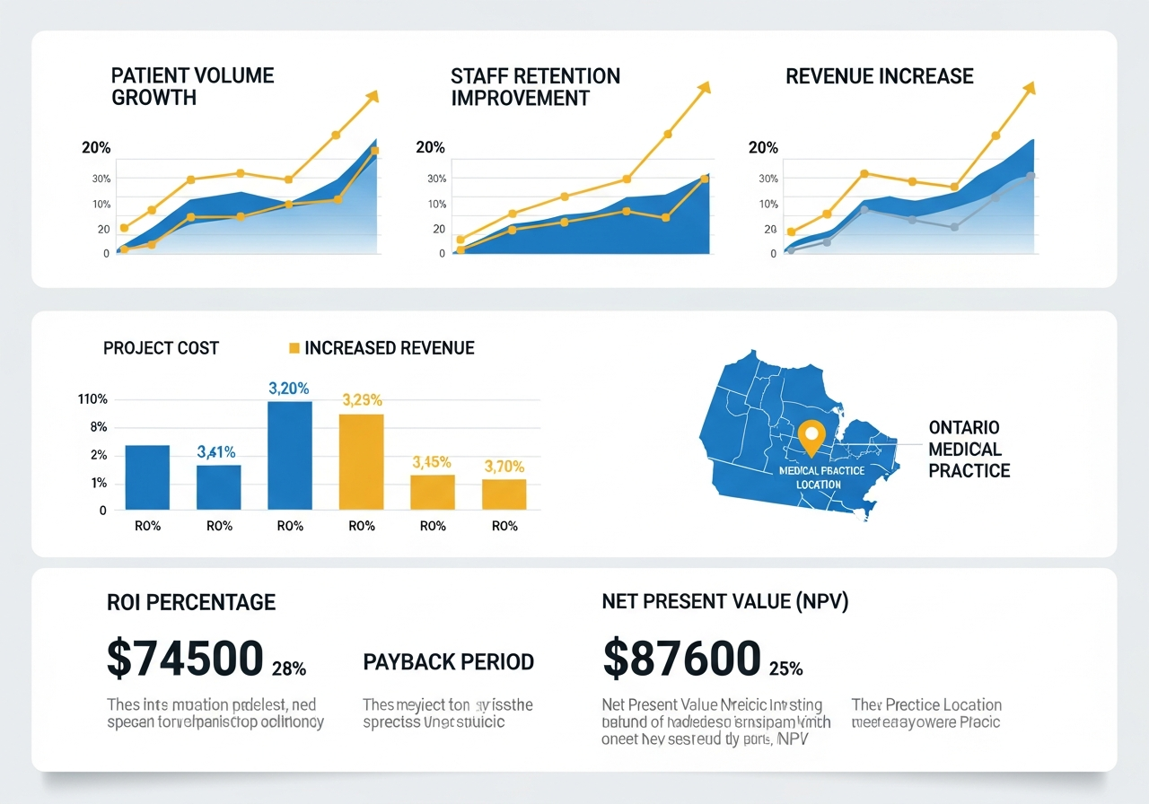 The ROI of Medical Office Renovation: What Ontario Clinics Actually Earn Back (2026) 2 ROI analytics showing medical clinic renovation payback period and revenue growth in Ontario