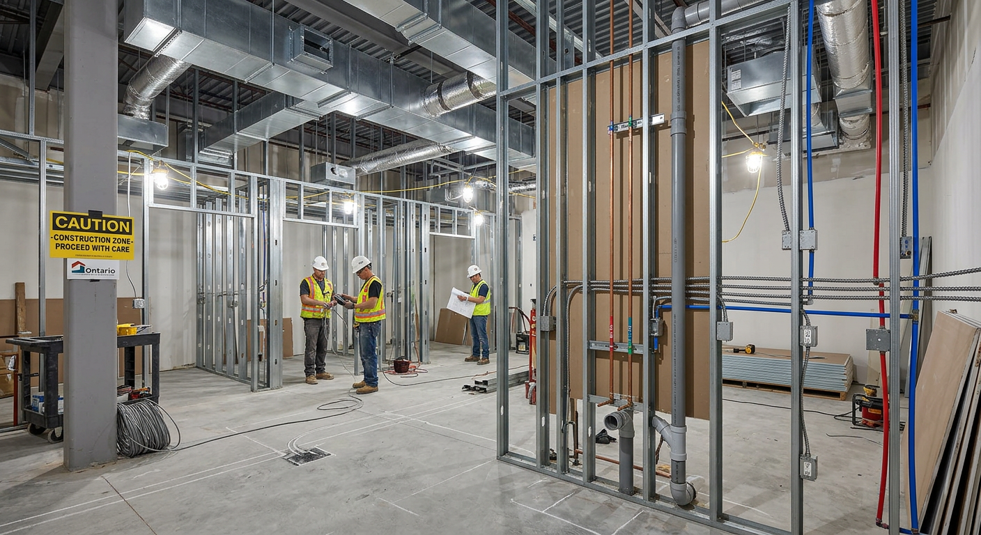 Medical exam room construction in Ontario showing clinical MEP plumbing electrical and HVAC rough-in cost components