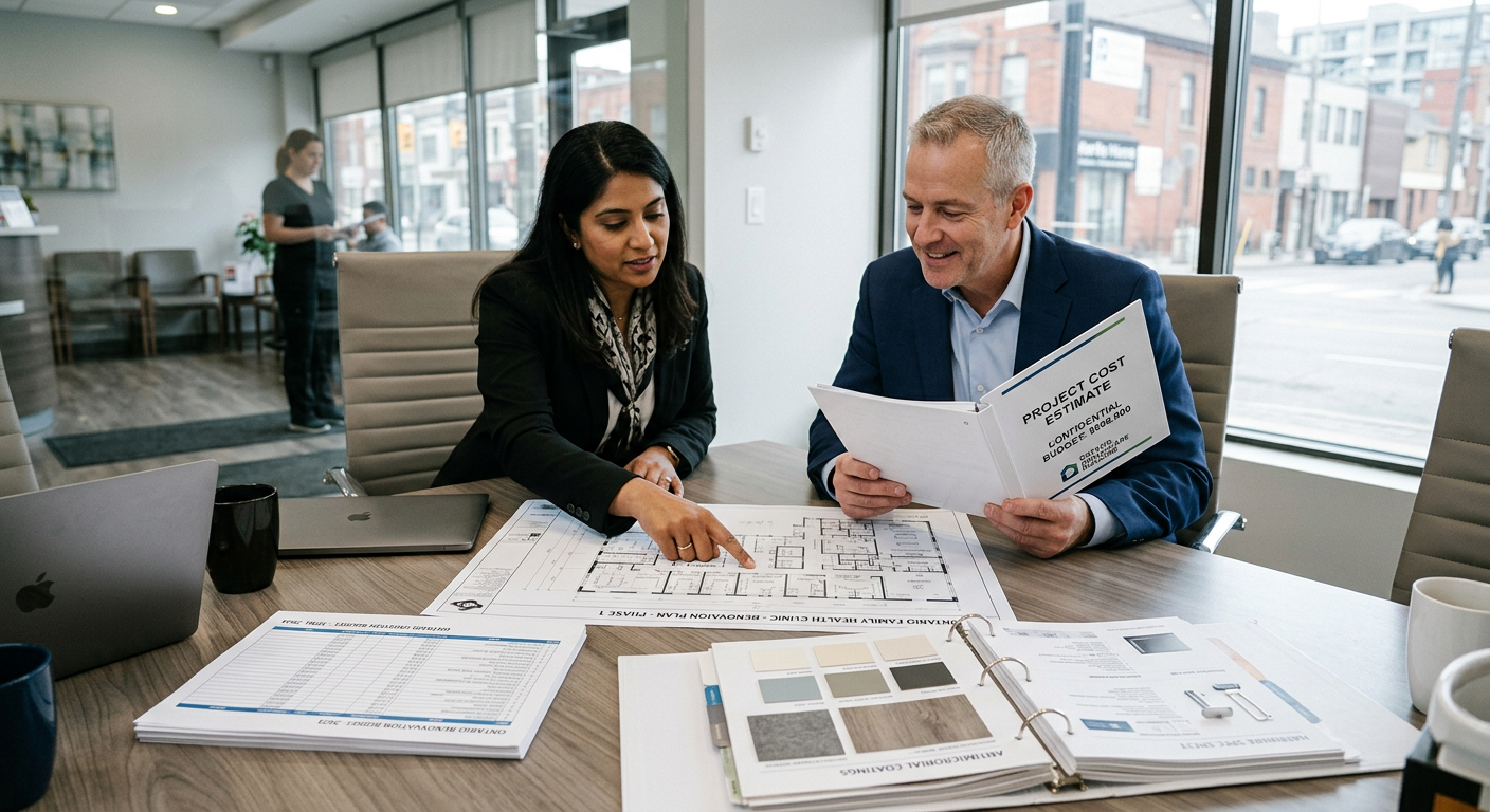 Architect and clinic owner reviewing medical office renovation budget and architectural drawings in Ontario