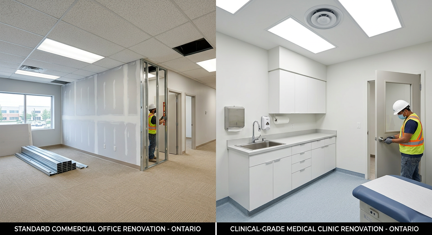 Comparison of standard commercial office versus clinical-grade medical office renovation materials and finishes in Ontario