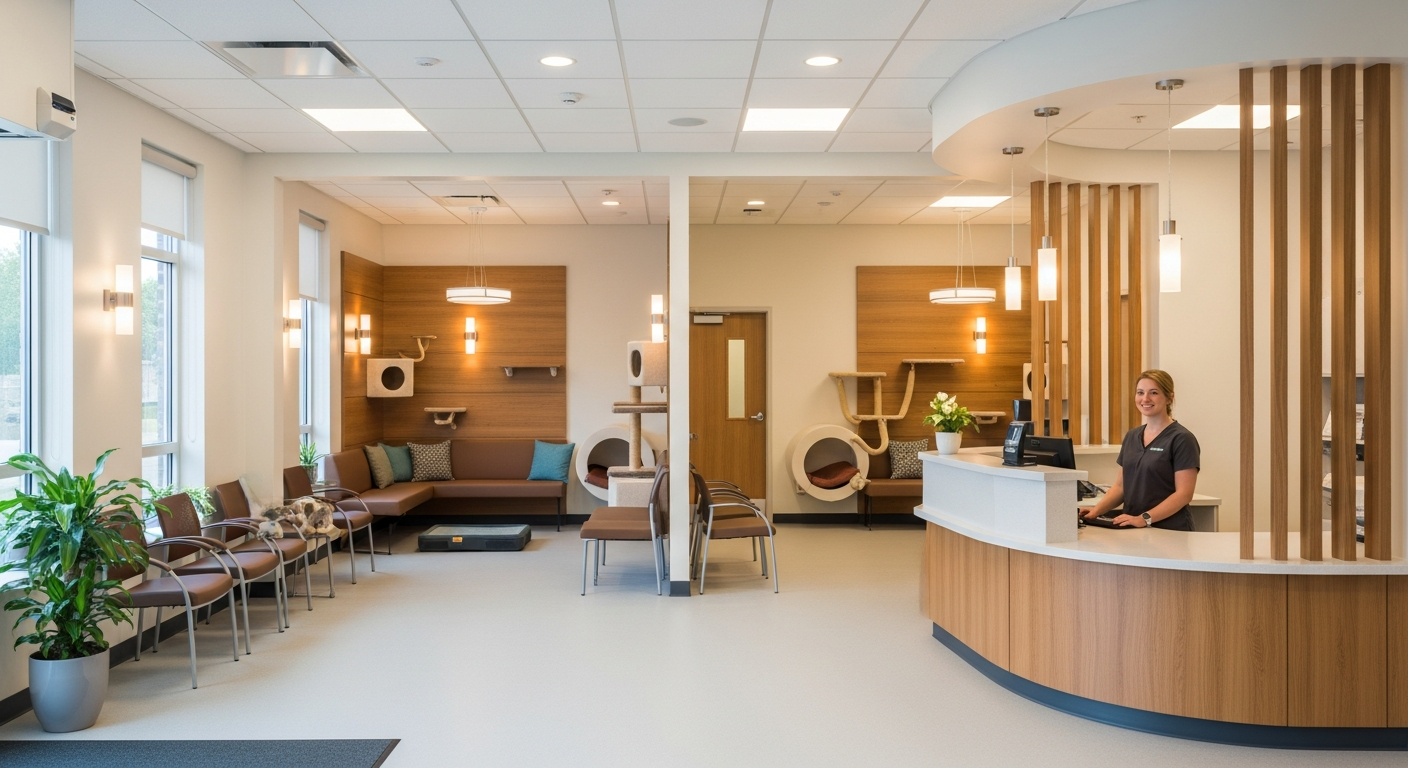 Modern Fear-Free veterinary clinic reception area with species-separated waiting zones in Ontario