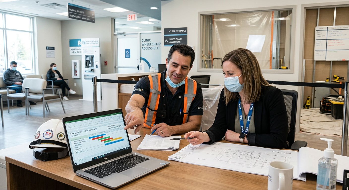 Healthcare renovation contractor and clinic manager reviewing phased construction schedule for Ontario medical clinic renovation