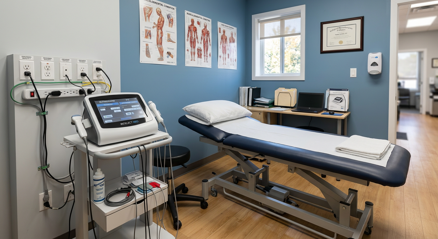 Physiotherapy modality treatment room in Ontario with electrotherapy equipment and dedicated electrical circuits