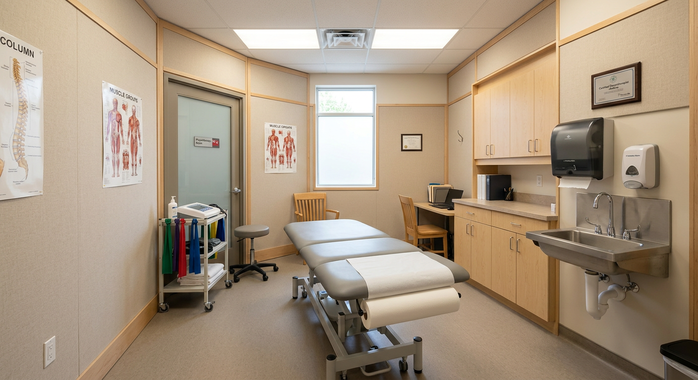 Private physiotherapy treatment room in Ontario clinic with treatment table, IPAC-compliant sink and acoustic wall partitions