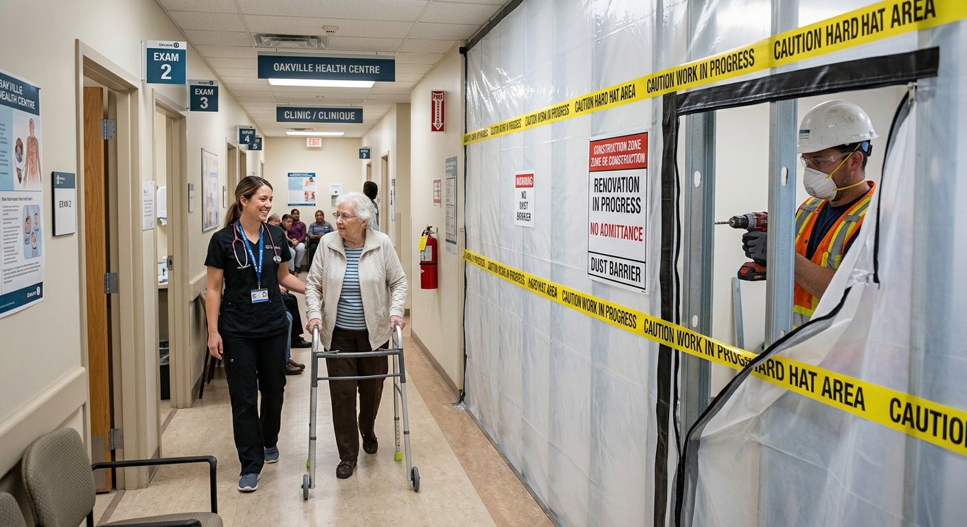 Ontario medical clinic under phased renovation with active patients being seen while construction zone is sealed behind IPAC dust barriers