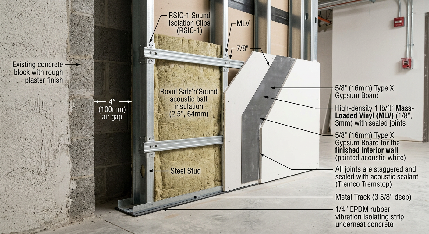 STC-60 acoustic wall construction detail for Ontario audiology sound testing room showing room-within-a-room assembly